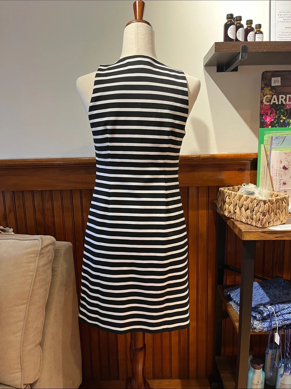 Michael Kors Black and White Striped Zip-Front Tank Midi Dress